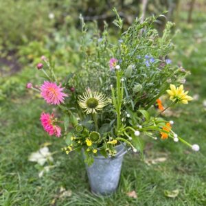 Kleine emmer met verse bloemen